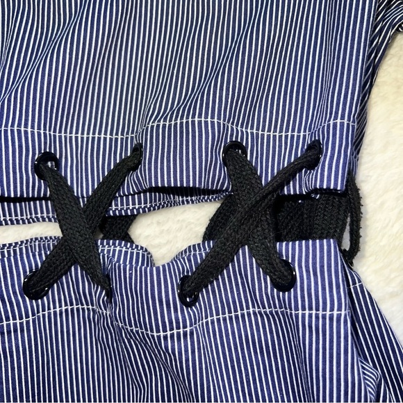 Beulah Blue Striped Lace Up Wide Sleeve Top Large - Picture 6 of 8